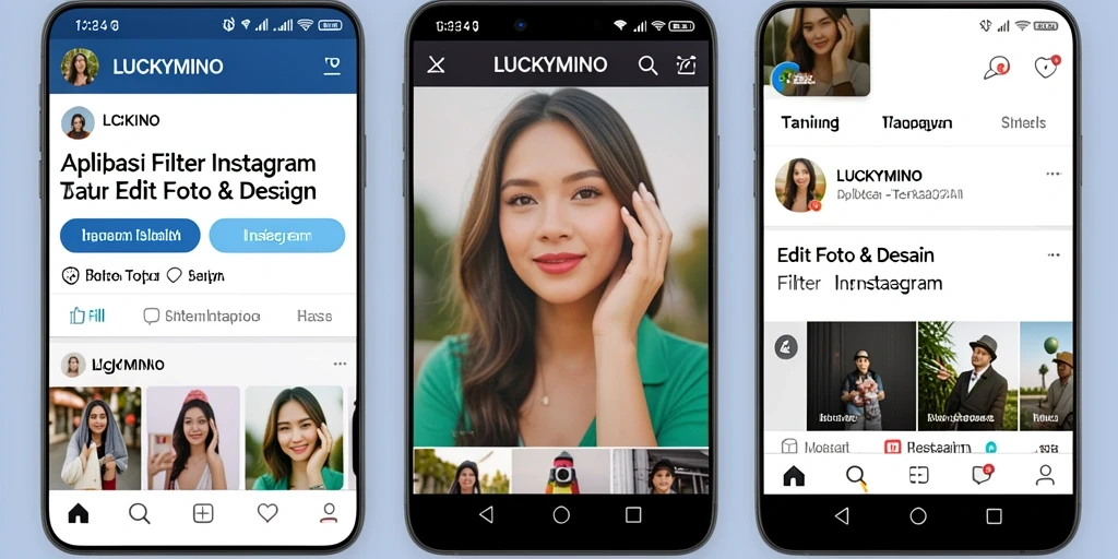 Antarmuka LUCKYMINO dengan filter Instagram yang menarik dan mudah digunakan.